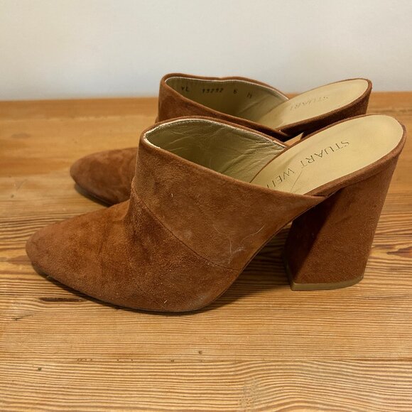 Stuart Weitzman Camel Suede Block Heel Mules | Leather Soles | Made in Spain - Picture 2 of 9